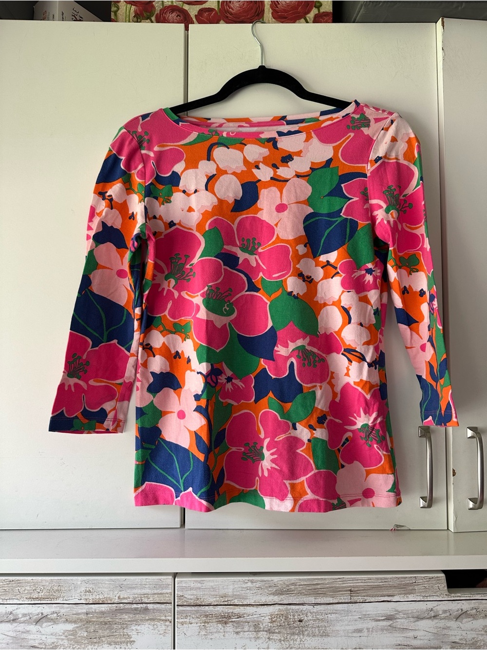 🌺 Talbots Petites SP Floral Boat Neck Top Pink Cotton Stretch 3/4 Sleeve